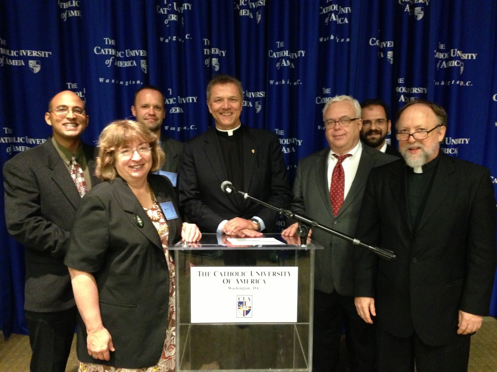 After the Symposium banquet: (L to R): Dr. Butcher, Prof. Susan Roll (Saint Paul University), Prof. Nicholas Denysenko (OCA deacon and professor at Loyola Marymount University), the Rev. Dr. Mark Morozowich (a fellow Ukrainian Catholic and Dean of the School of Theology and Religious Studies at CUA), Prof. Peter Jeffrey (Notre Dame University), the Rev. Prof. Stephanos Alexopoulos (Greek Orthodox priest and newly appointed professor of Liturgy at CUA), Fr. Peter Galadza
