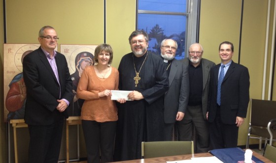 Pictured: Normand Beaulieu, Director of Financial Services, Hélène Carrière, Vice-Rector, Administration, Fr Andriy Chirovsky, President, MASIF, Metropolitan Lawrence Huculak, osbm, Archbishop of Winnipeg, Eugene Cherwick, Past-President of MASIF, and Fr Andrea Spatafora msf, Dean of Theology