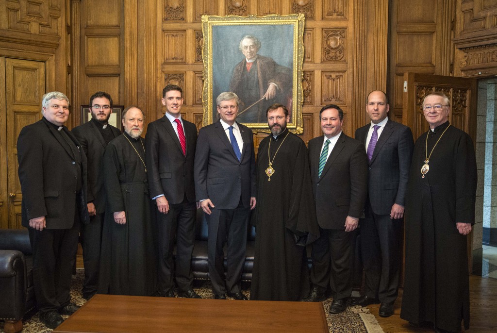 Meeting with His Beatitude Sviatoslav and Prime Minister Harper (L-R: Rev Dr Roman Lobay, Pastor, St Nicholas Parish, Toronto, Fr Alexander Laschuk, Former MASI Director, Very Rev Dr Peter Galadza, MASI Director, Ambassador Dr Andrew Bennett, MASI Alumnus and Ambassador of Religious Freedom, Prime Minister Stephen Harper, His Beatitude Sviatoslav, Patriarch of Kyiv-Halych, Minister Jason Kenney, Minister of Multiculturalism, Mr Paul Grod, President, Ukrainian Canadian Congress and MASIF Director, His Excellency Vladyka Stefan, Eparchial Bishop of Toronto and Eastern Canada)