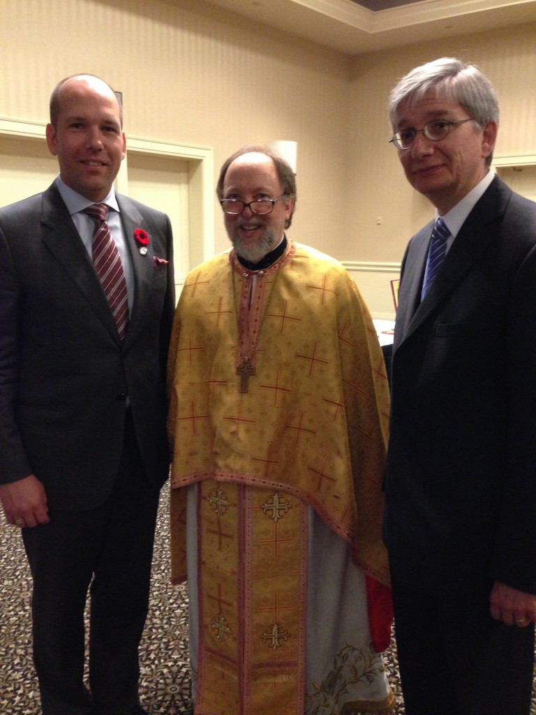 Fr. Peter after the Divine Liturgy that was served for delegates of the UCC Congress at the Airport Marriott. During the announcements, Fr. Peter praised Paul Grod, UCC president, and Eugene Czolij, president of the Ukrainian World Congress, for their exemplary participation in the Liturgy. Mssrs. Grod and Czolij are also members of the Metropolitan Andrey Sheptytsky Institute Foundation.